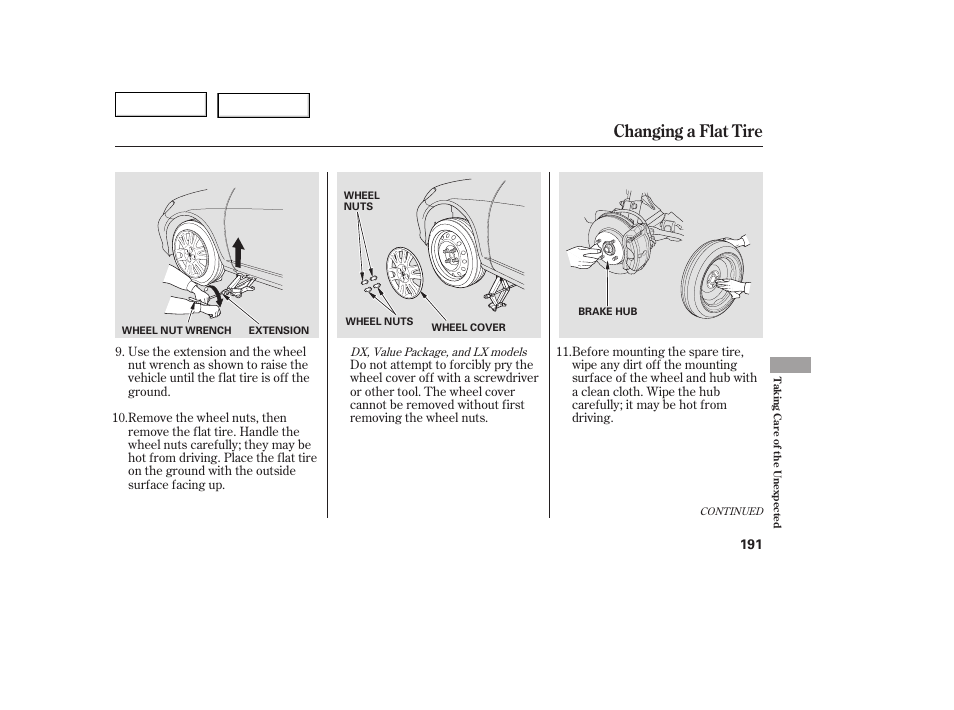 Changing a flat tire | HONDA 2005 Civic Coupe - Owner's Manual User Manual | Page 193 / 240