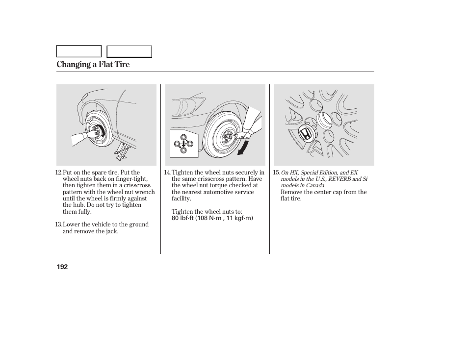 Changing a flat tire | HONDA 2005 Civic Coupe - Owner's Manual User Manual | Page 194 / 240