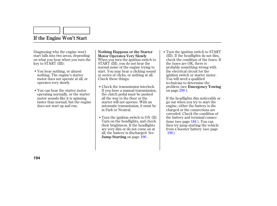 If the engine won’t start | HONDA 2005 Civic Coupe - Owner's Manual User Manual | Page 196 / 240
