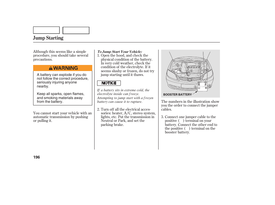 Jump starting | HONDA 2005 Civic Coupe - Owner's Manual User Manual | Page 198 / 240