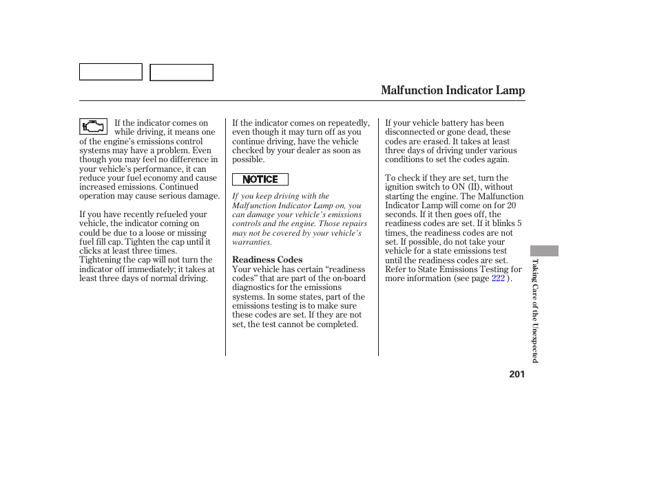 Malfunction indicator lamp | HONDA 2005 Civic Coupe - Owner's Manual User Manual | Page 203 / 240