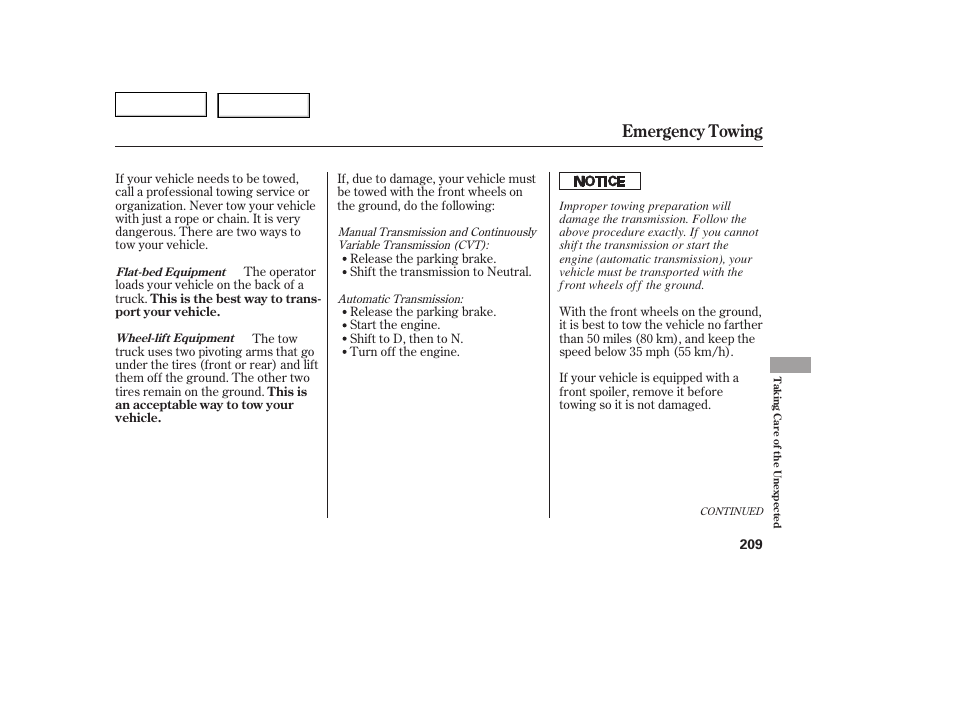 Emergency towing | HONDA 2005 Civic Coupe - Owner's Manual User Manual | Page 211 / 240