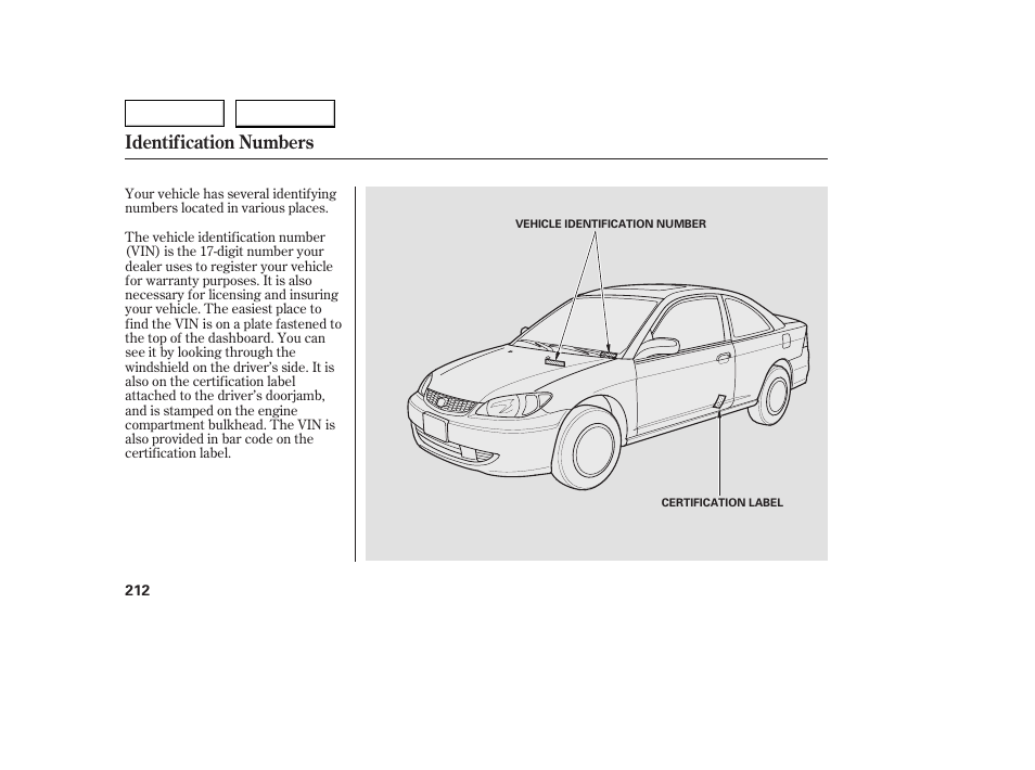 Identification numbers | HONDA 2005 Civic Coupe - Owner's Manual User Manual | Page 214 / 240