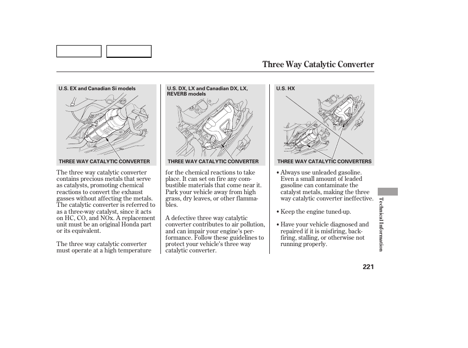Three way catalytic converter | HONDA 2005 Civic Coupe - Owner's Manual User Manual | Page 223 / 240