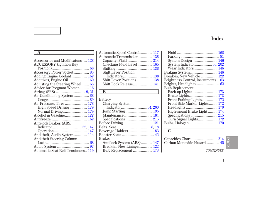 Index | HONDA 2005 Civic Coupe - Owner's Manual User Manual | Page 231 / 240