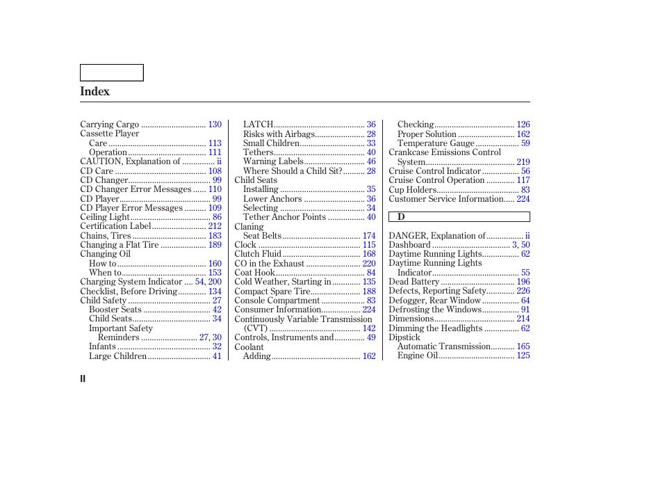 Index | HONDA 2005 Civic Coupe - Owner's Manual User Manual | Page 232 / 240