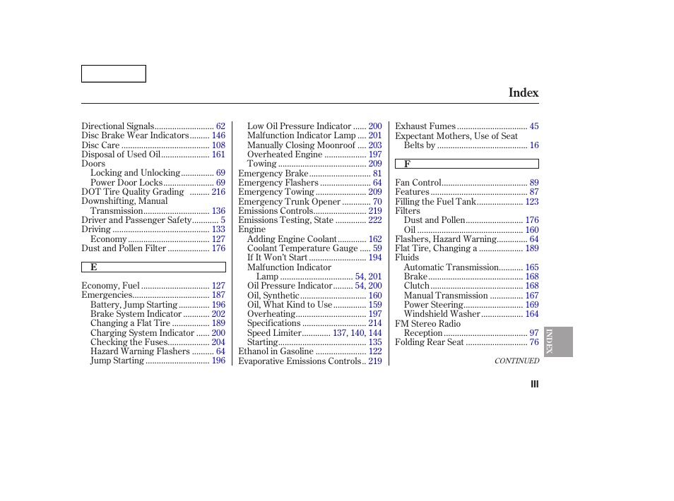 Index | HONDA 2005 Civic Coupe - Owner's Manual User Manual | Page 233 / 240