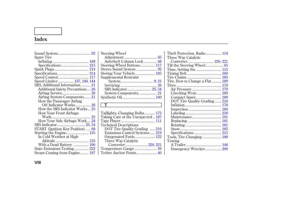 Index | HONDA 2005 Civic Coupe - Owner's Manual User Manual | Page 238 / 240