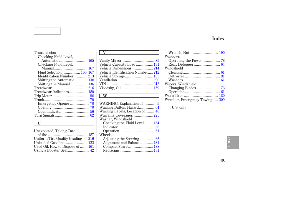 Index | HONDA 2005 Civic Coupe - Owner's Manual User Manual | Page 239 / 240