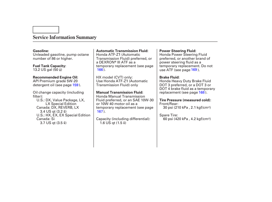 Service information summary | HONDA 2005 Civic Coupe - Owner's Manual User Manual | Page 240 / 240