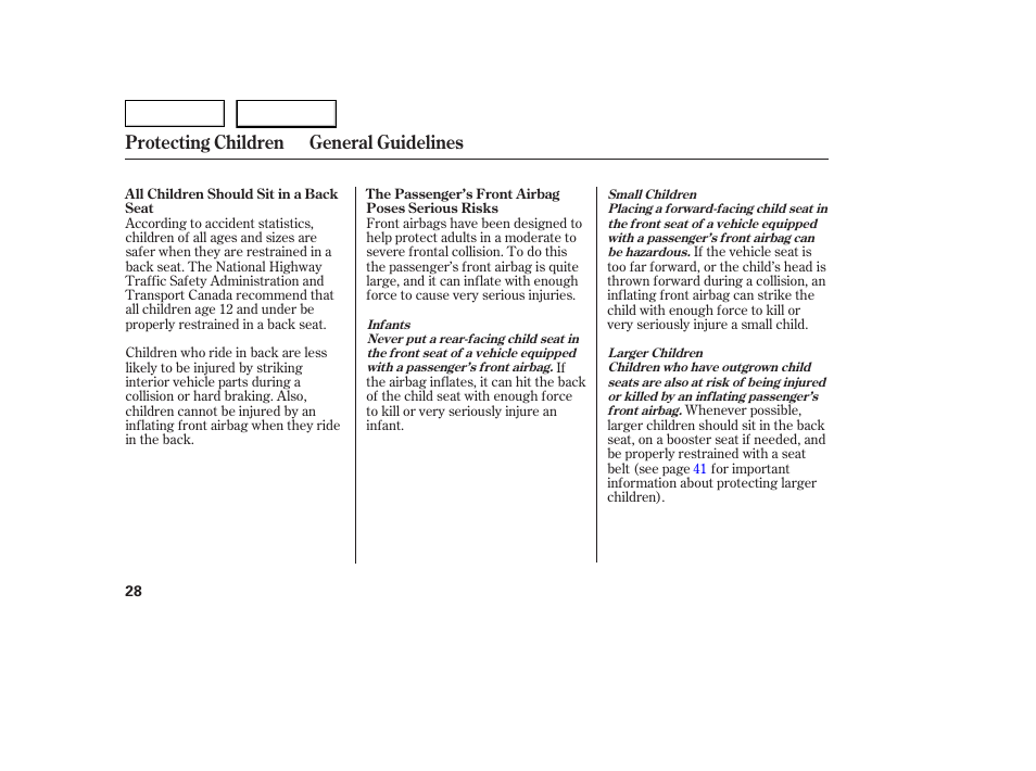 Protecting children general guidelines | HONDA 2005 Civic Coupe - Owner's Manual User Manual | Page 30 / 240