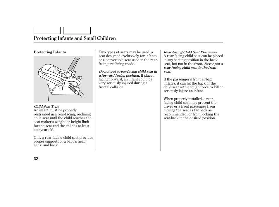 Protecting infants and small children | HONDA 2005 Civic Coupe - Owner's Manual User Manual | Page 34 / 240