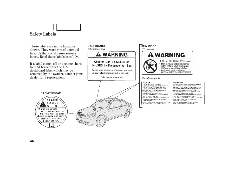 Safety labels | HONDA 2005 Civic Coupe - Owner's Manual User Manual | Page 48 / 240