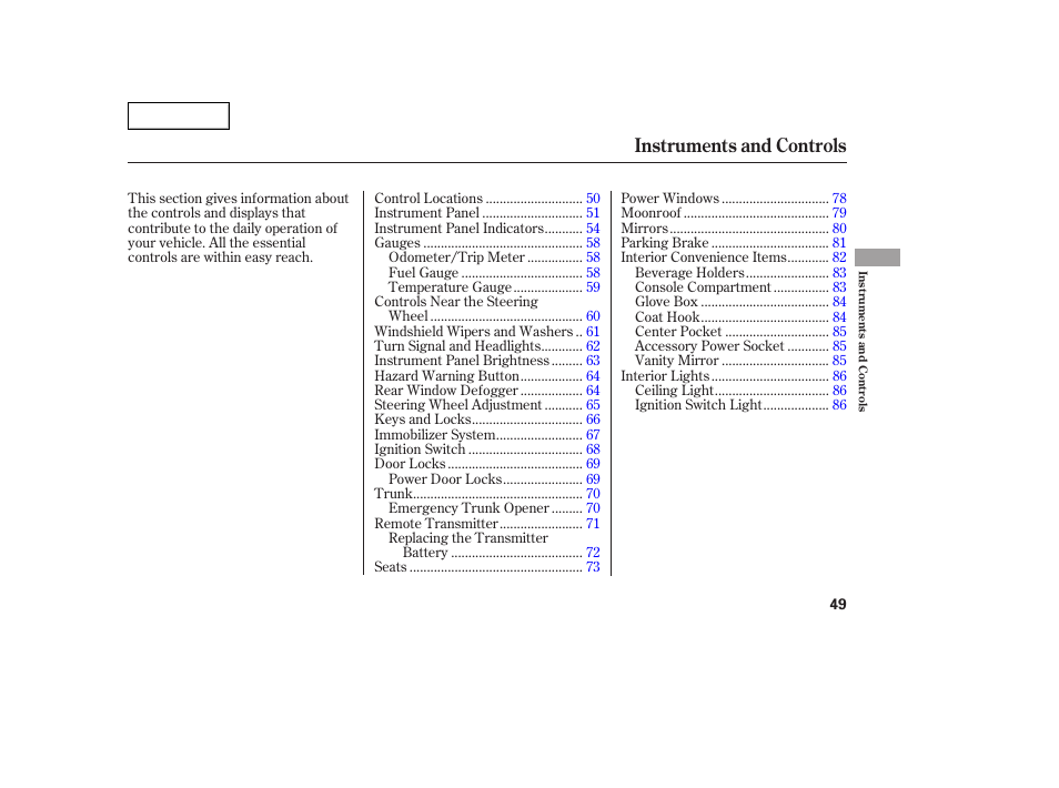 Instruments and controls | HONDA 2005 Civic Coupe - Owner's Manual User Manual | Page 51 / 240