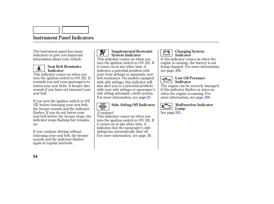 Instrument panel indicators | HONDA 2005 Civic Coupe - Owner's Manual User Manual | Page 56 / 240