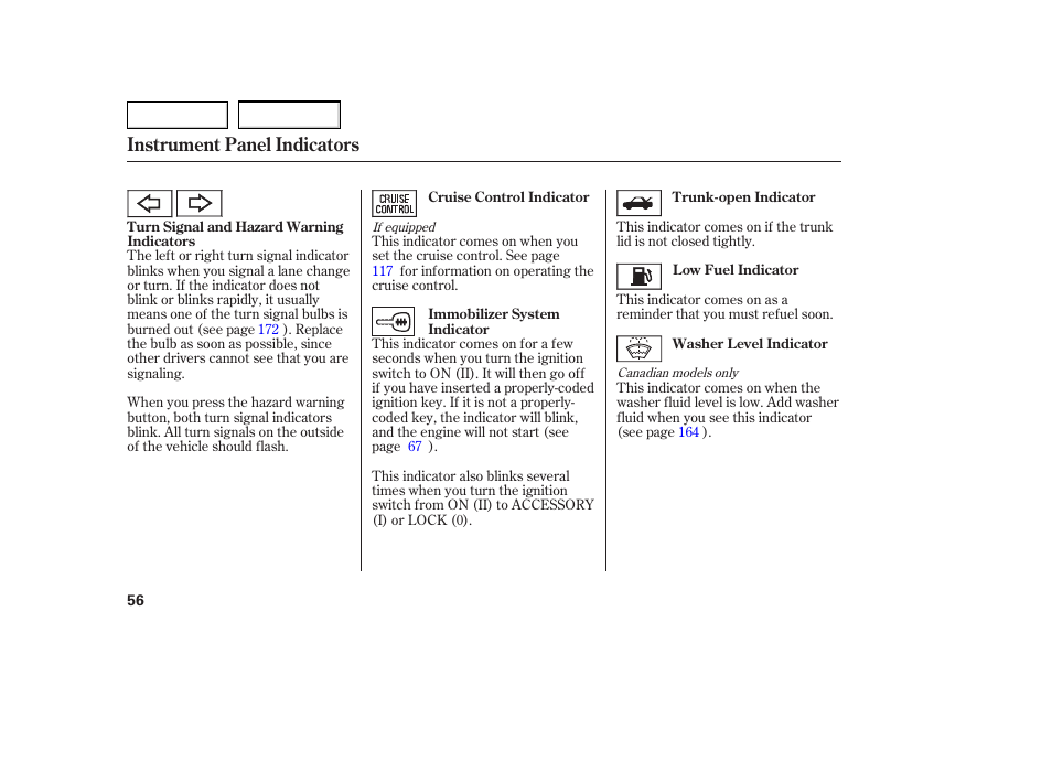 Instrument panel indicators | HONDA 2005 Civic Coupe - Owner's Manual User Manual | Page 58 / 240