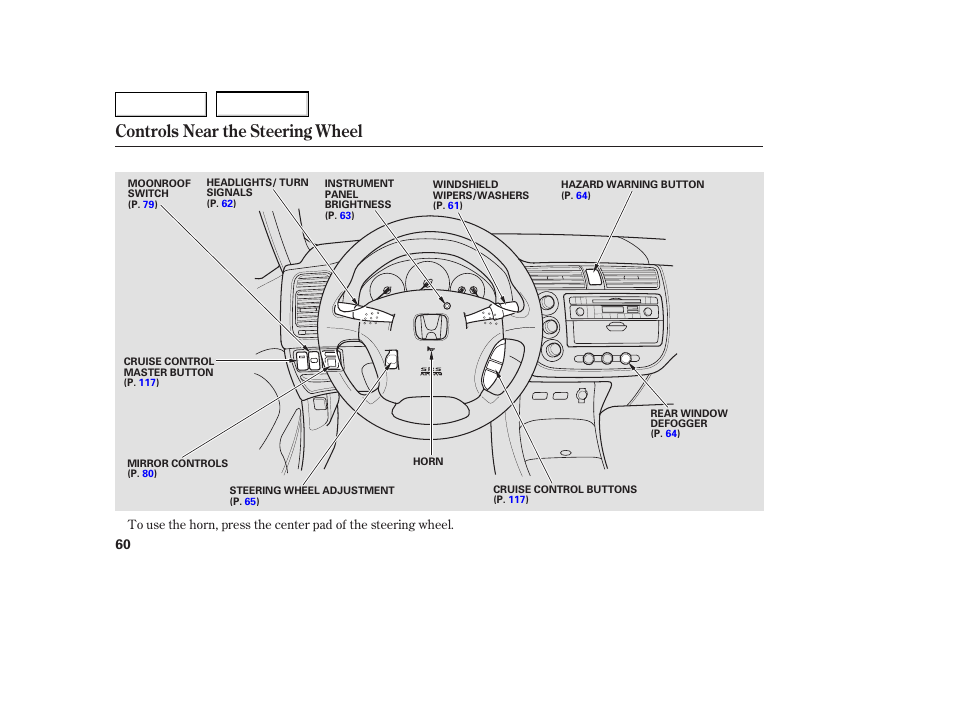 Controls near the steering wheel | HONDA 2005 Civic Coupe - Owner's Manual User Manual | Page 62 / 240