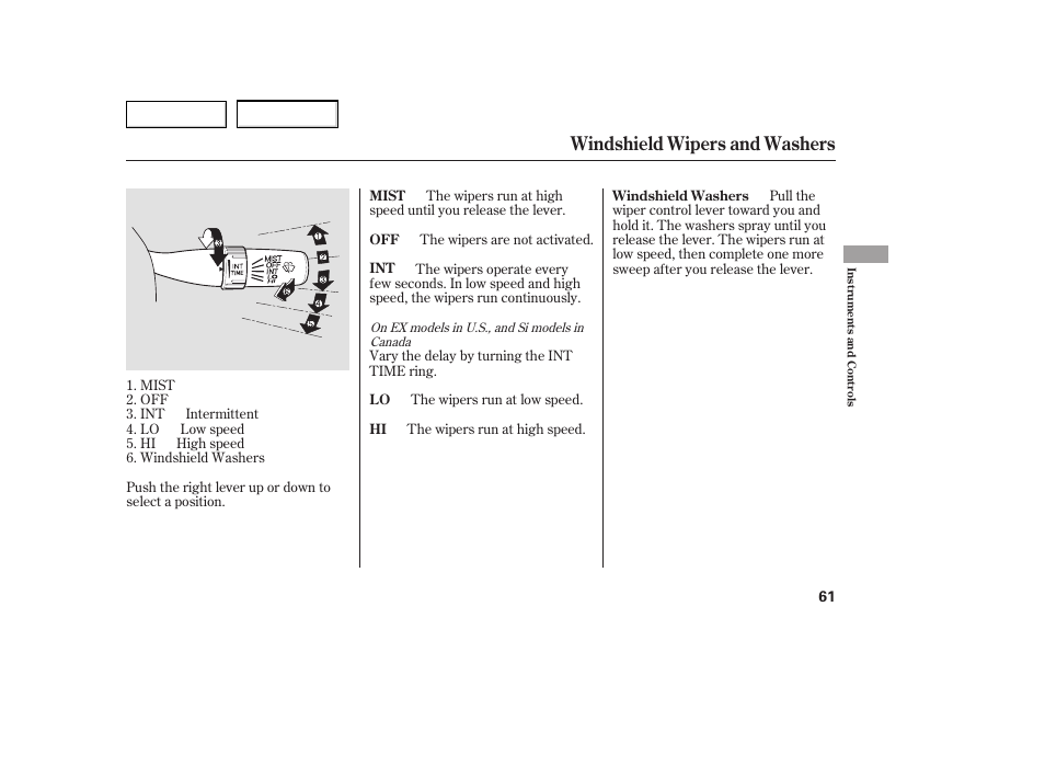 Windshield wipers and washers | HONDA 2005 Civic Coupe - Owner's Manual User Manual | Page 63 / 240