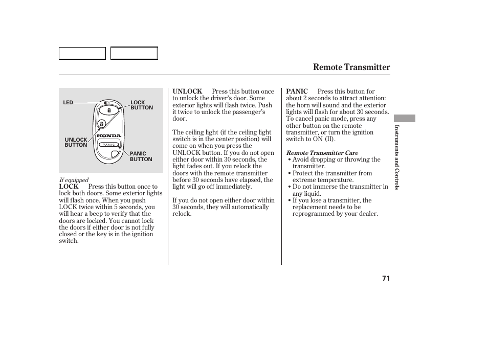 Remote transmitter | HONDA 2005 Civic Coupe - Owner's Manual User Manual | Page 73 / 240