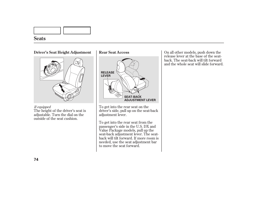Seats | HONDA 2005 Civic Coupe - Owner's Manual User Manual | Page 76 / 240