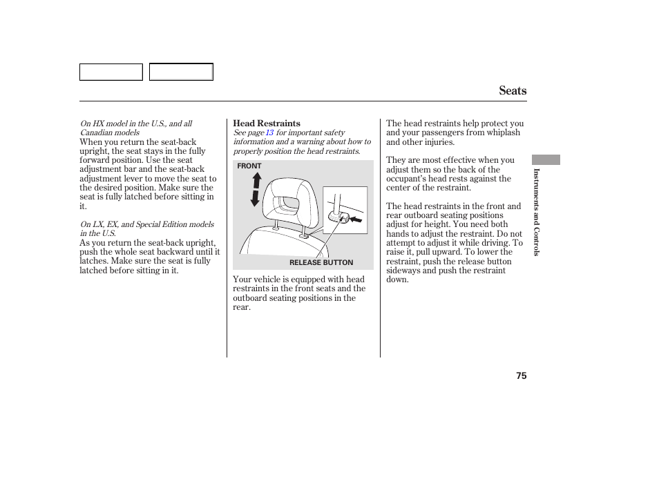 Seats | HONDA 2005 Civic Coupe - Owner's Manual User Manual | Page 77 / 240