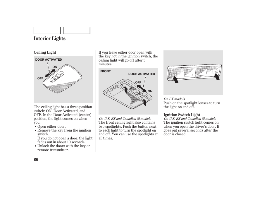 Interior lights | HONDA 2005 Civic Coupe - Owner's Manual User Manual | Page 88 / 240