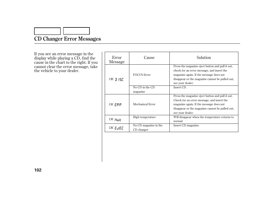 Cd changer error messages | HONDA 2005 Civic Hybrid - Owner's Manual User Manual | Page 104 / 228