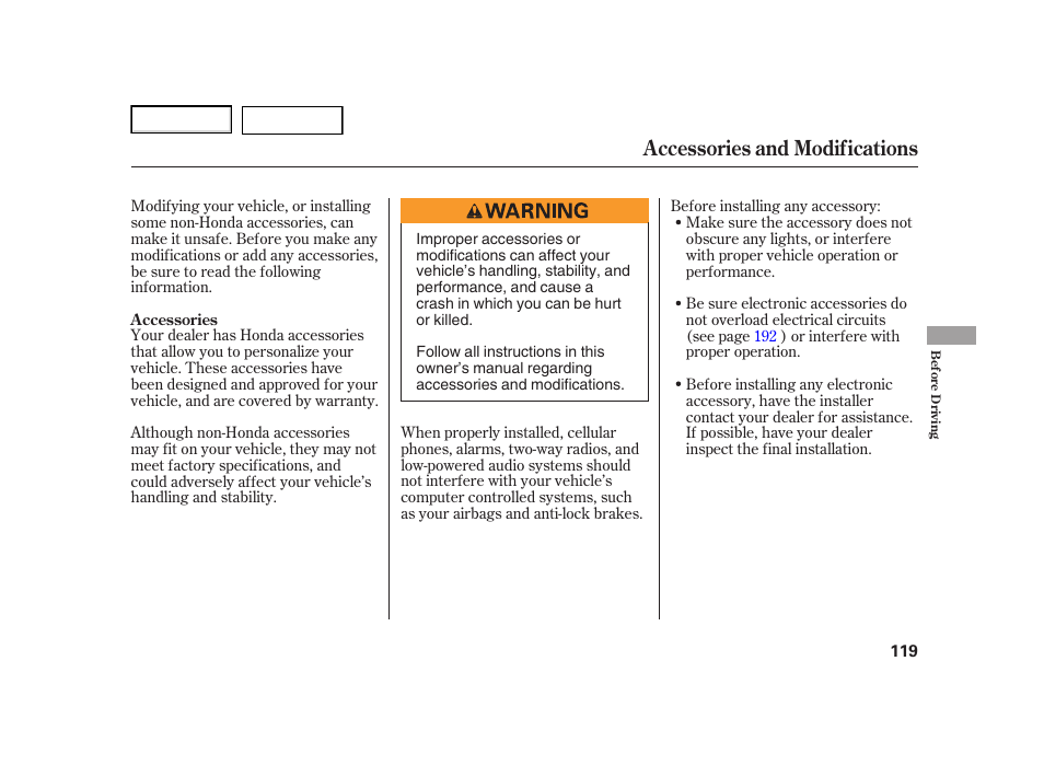 Accessories and modifications | HONDA 2005 Civic Hybrid - Owner's Manual User Manual | Page 121 / 228