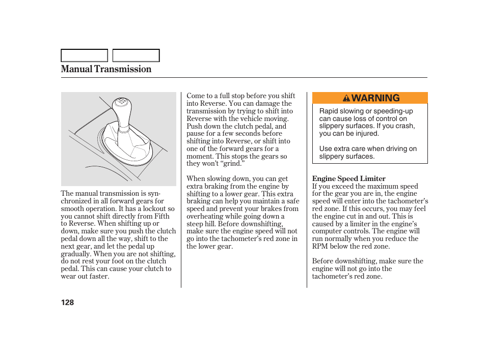 Manual transmission | HONDA 2005 Civic Hybrid - Owner's Manual User Manual | Page 130 / 228