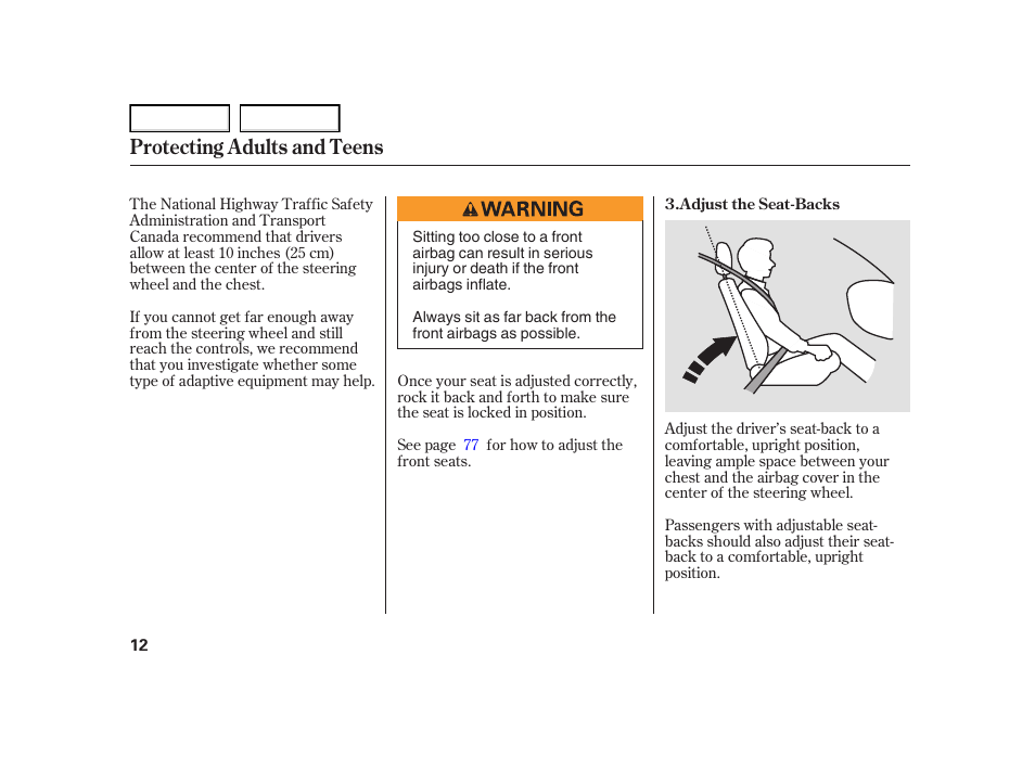 Protecting adults and teens | HONDA 2005 Civic Hybrid - Owner's Manual User Manual | Page 14 / 228