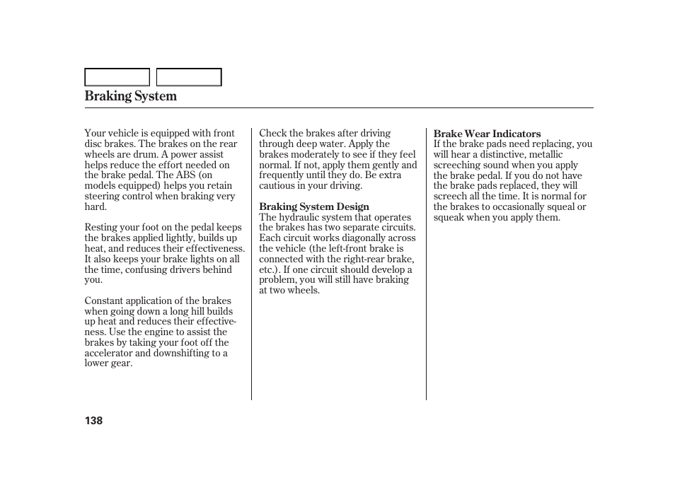 Braking system | HONDA 2005 Civic Hybrid - Owner's Manual User Manual | Page 140 / 228