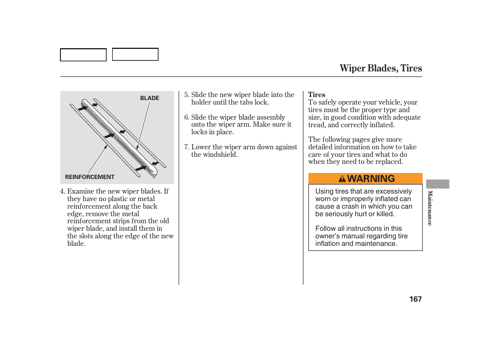 Wiper blades, tires | HONDA 2005 Civic Hybrid - Owner's Manual User Manual | Page 169 / 228