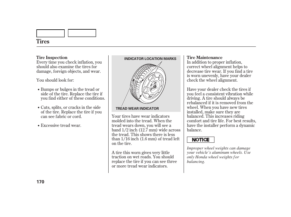 Tires | HONDA 2005 Civic Hybrid - Owner's Manual User Manual | Page 172 / 228