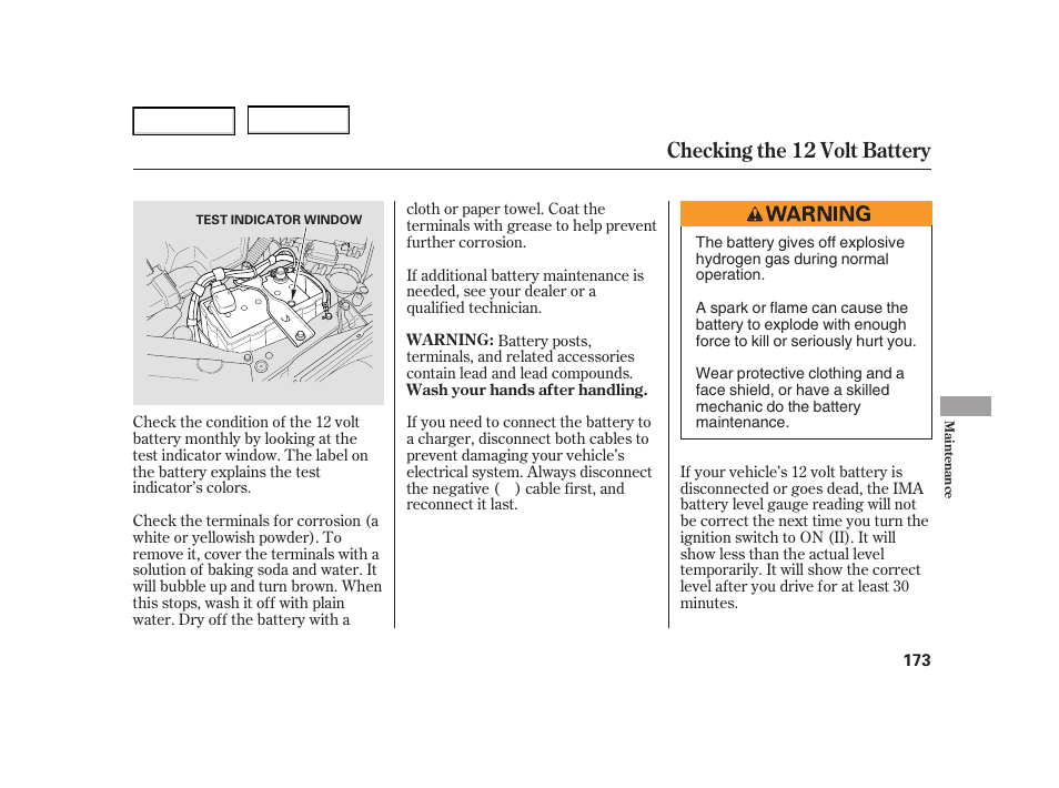 Checking the 12 volt battery | HONDA 2005 Civic Hybrid - Owner's Manual User Manual | Page 175 / 228