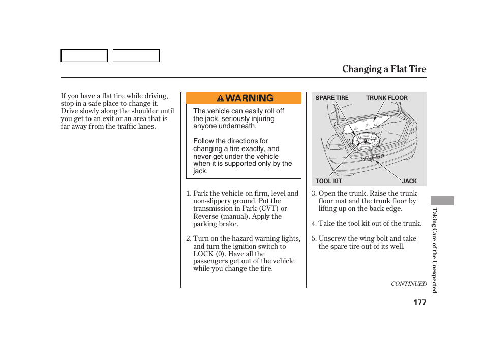 Changing a flat tire | HONDA 2005 Civic Hybrid - Owner's Manual User Manual | Page 179 / 228