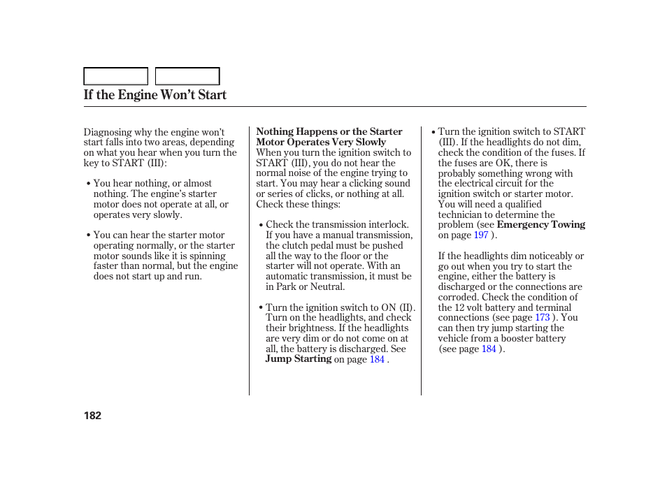 If the engine won’t start | HONDA 2005 Civic Hybrid - Owner's Manual User Manual | Page 184 / 228