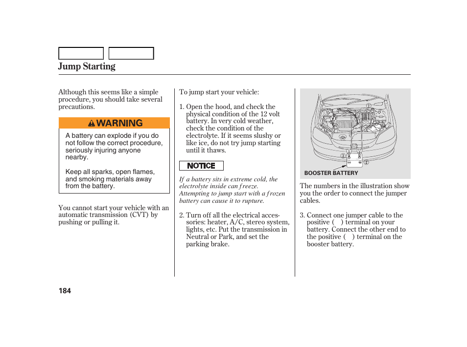 Jump starting | HONDA 2005 Civic Hybrid - Owner's Manual User Manual | Page 186 / 228