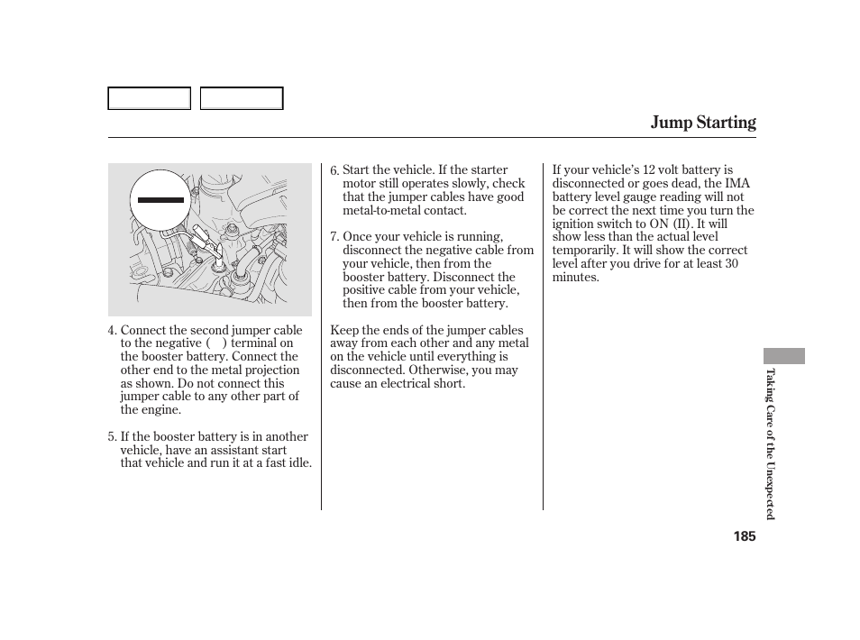 Jump starting | HONDA 2005 Civic Hybrid - Owner's Manual User Manual | Page 187 / 228