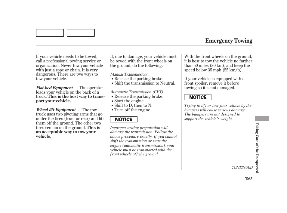 Emergency towing | HONDA 2005 Civic Hybrid - Owner's Manual User Manual | Page 199 / 228