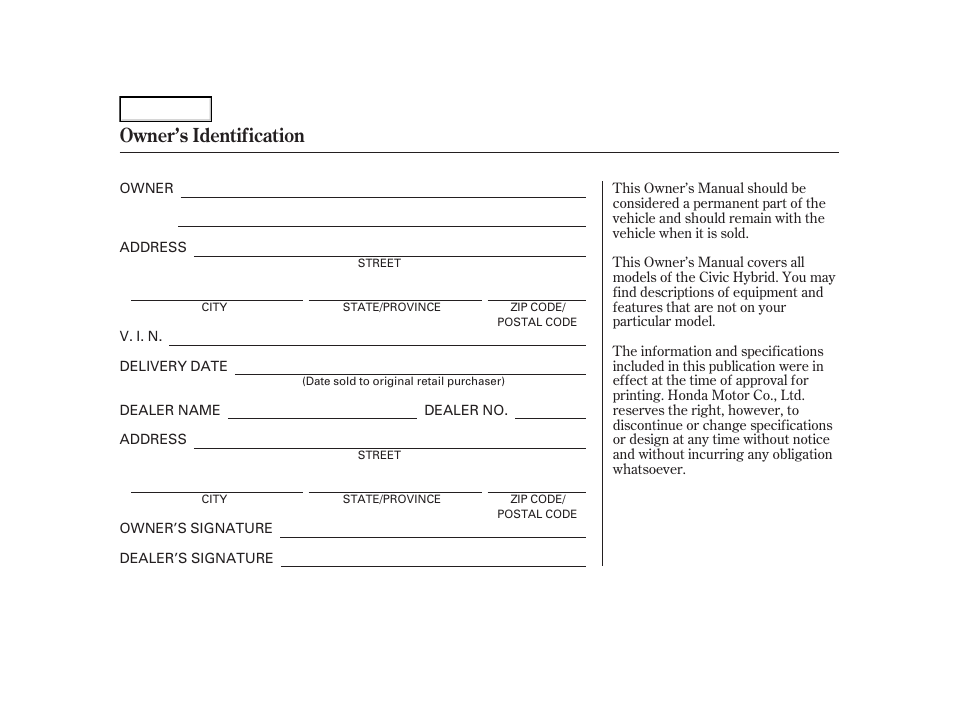 Owner's identification form, Owner’s identification | HONDA 2005 Civic Hybrid - Owner's Manual User Manual | Page 2 / 228