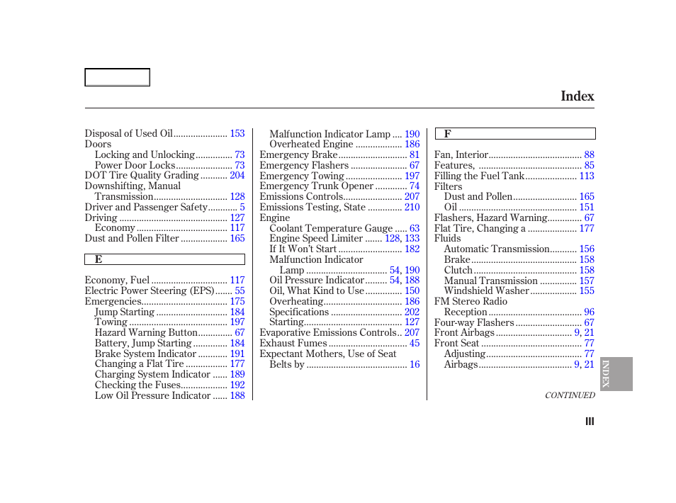 Index | HONDA 2005 Civic Hybrid - Owner's Manual User Manual | Page 221 / 228