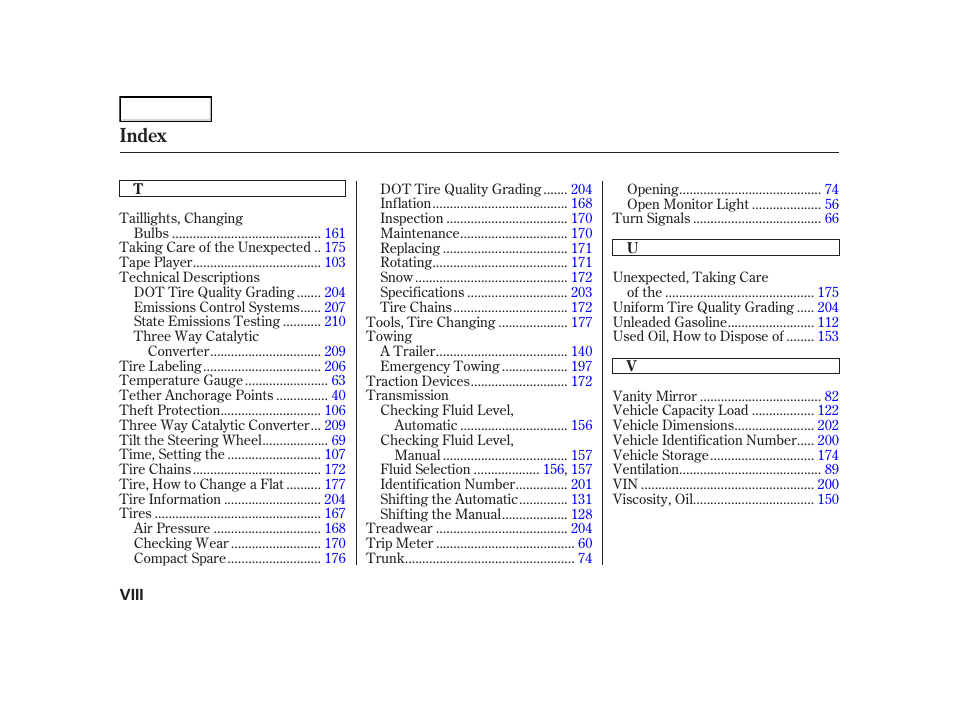 Index | HONDA 2005 Civic Hybrid - Owner's Manual User Manual | Page 226 / 228