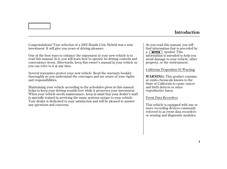 Introduction | HONDA 2005 Civic Hybrid - Owner's Manual User Manual | Page 3 / 228