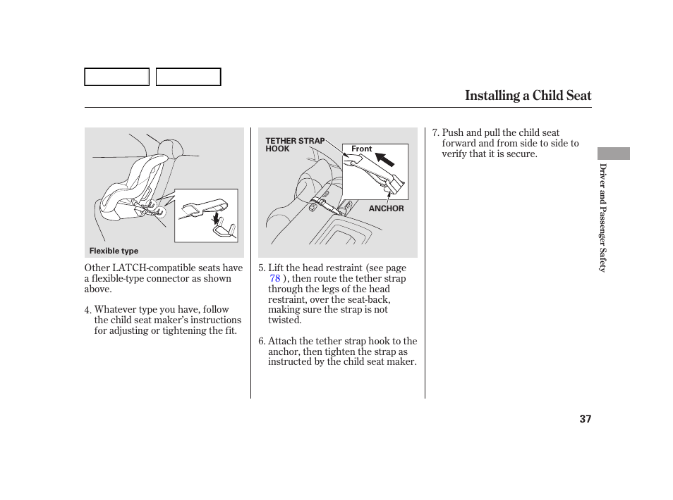 Installing a child seat | HONDA 2005 Civic Hybrid - Owner's Manual User Manual | Page 39 / 228