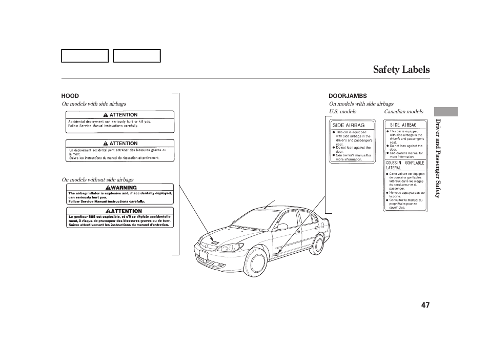 Safety labels | HONDA 2005 Civic Hybrid - Owner's Manual User Manual | Page 49 / 228