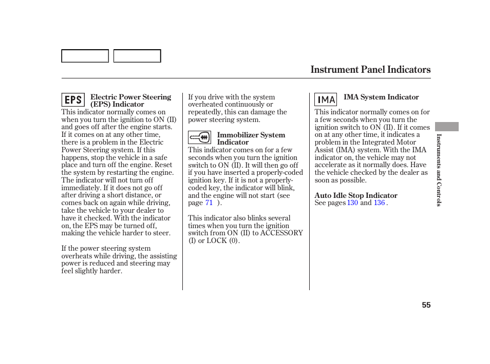 Instrument panel indicators | HONDA 2005 Civic Hybrid - Owner's Manual User Manual | Page 57 / 228