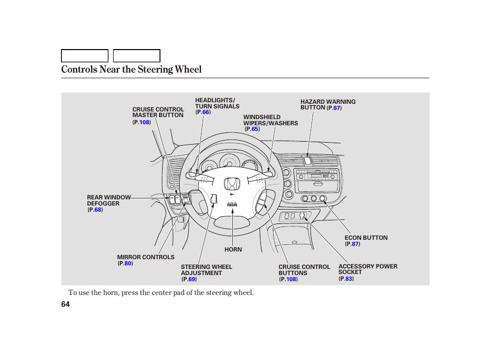 Controls near the steering wheel | HONDA 2005 Civic Hybrid - Owner's Manual User Manual | Page 66 / 228