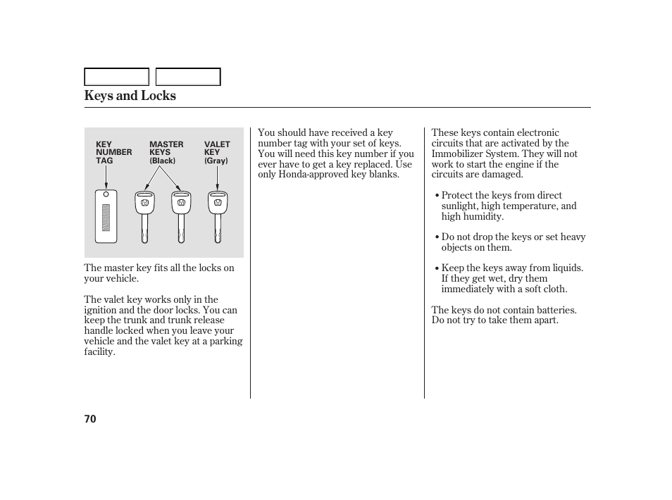 Keys and locks | HONDA 2005 Civic Hybrid - Owner's Manual User Manual | Page 72 / 228