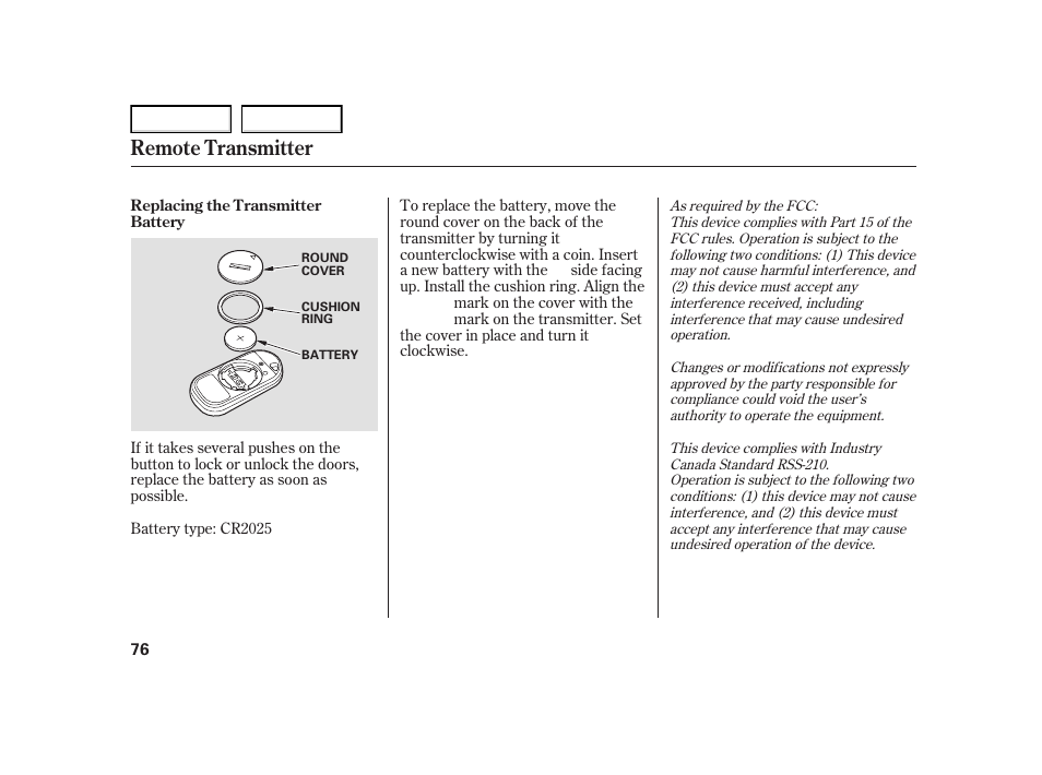 Remote transmitter | HONDA 2005 Civic Hybrid - Owner's Manual User Manual | Page 78 / 228