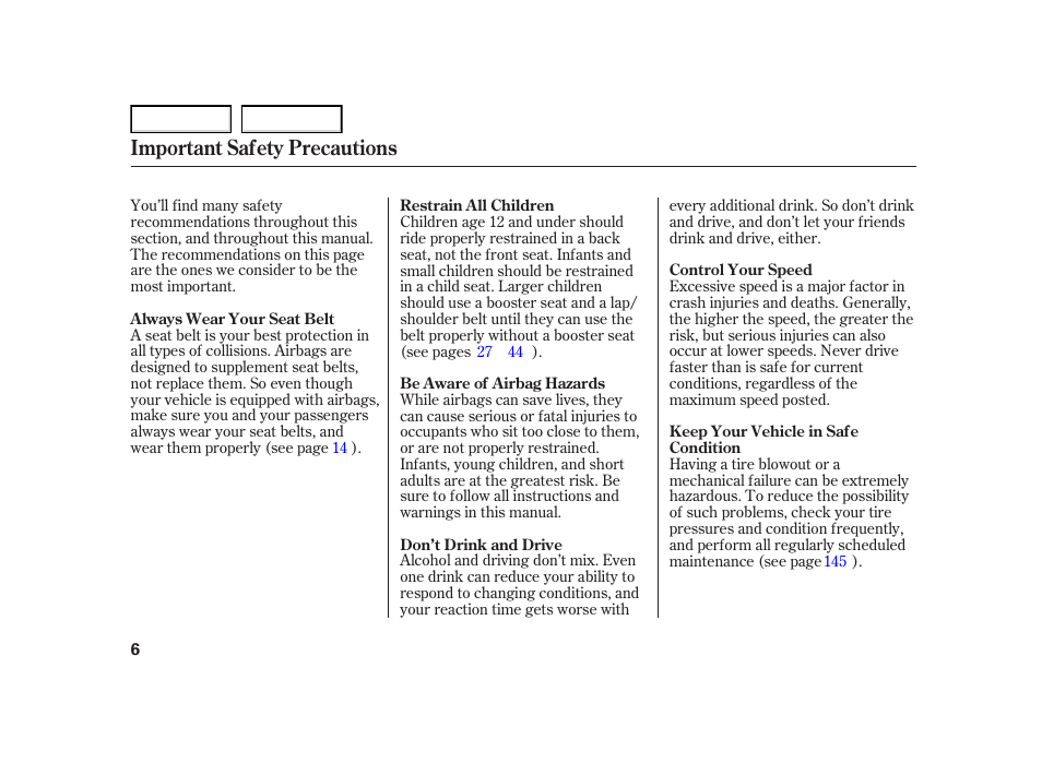 Important safety precautions | HONDA 2005 Civic Hybrid - Owner's Manual User Manual | Page 8 / 228